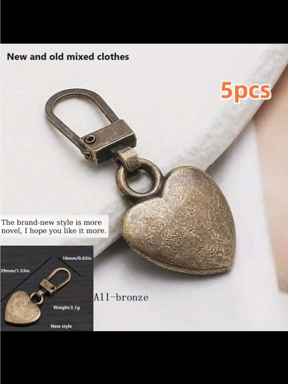 Bronze Heart Zipper Pulls Detachable Replacement Charms Set - 5 Pack